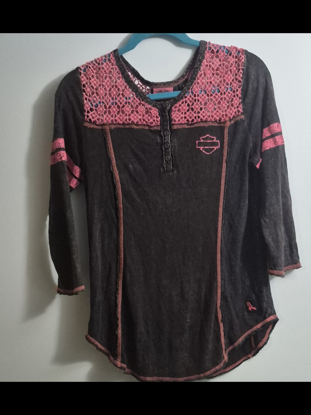 Harley-Davidson Black & Pink Lace 3/4 Sleeve Shirt